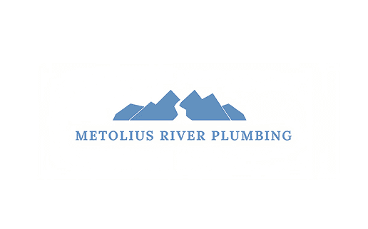 Earlier Metolius River Plumbing logo, blue mountain shapes above the name on white