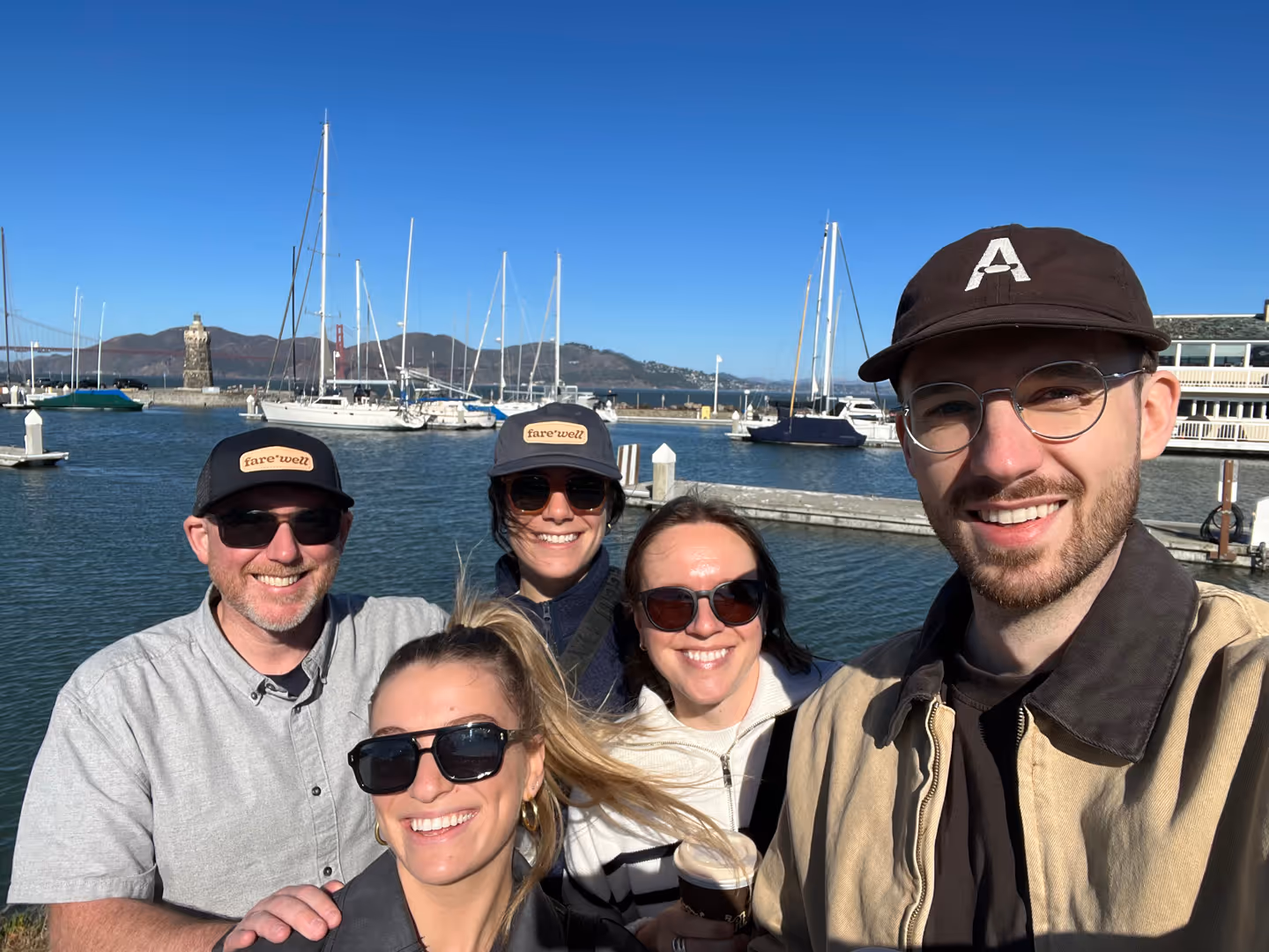 Farewell teammates together at a marina