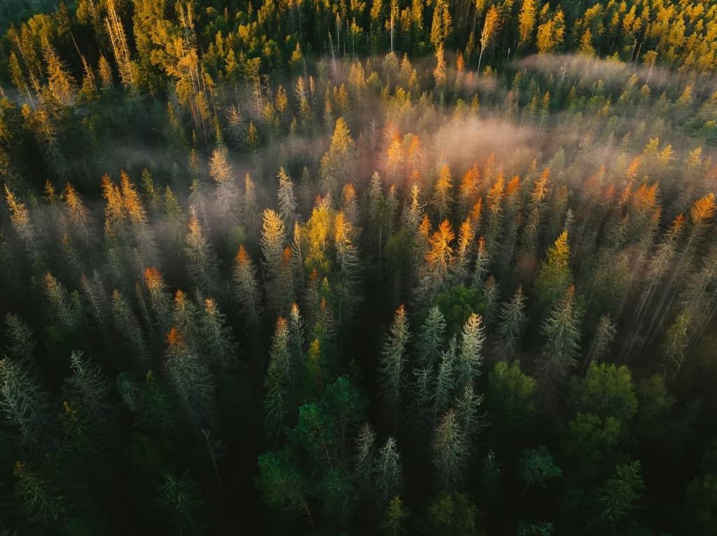 Aerial view of a forest in morning light, with mist between the trees.